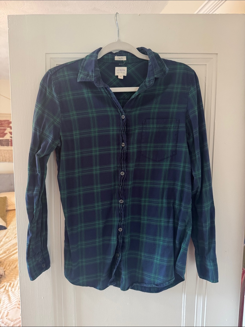 J. Crew Navy and Green Plaid Button-Down Shirt